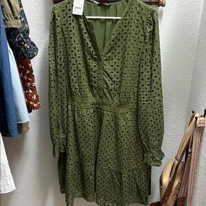 Olive Eyelet Long Sleeve V-Neck Midi Dress